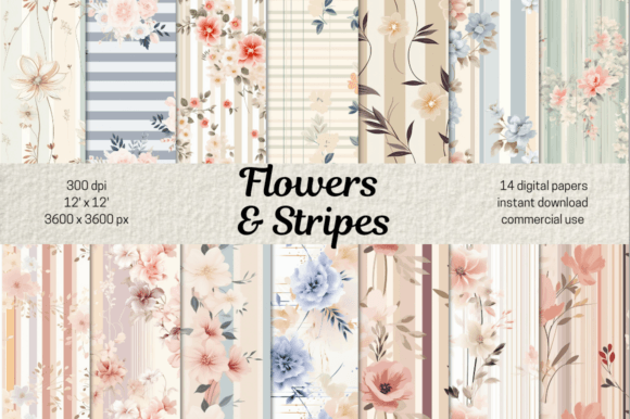 Download Dusty Flowers &amp; Striped Digital Paper - Flower Collection