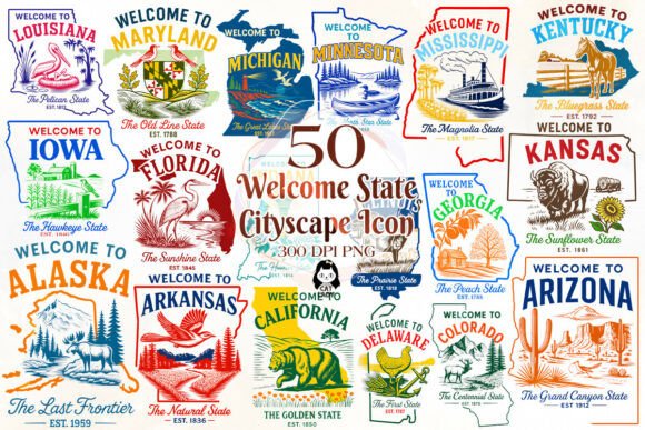 Download 50 Welcome US States Cityscape Icons PNG - States Collection
