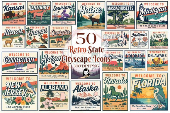 Download 50 Retro US States Cityscape Icons PNG - States Collection