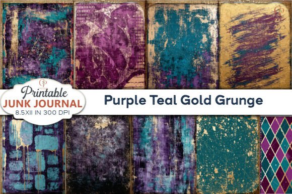 Download Purple Teal Gold Grunge Junk Journal Pag - Teal Collection