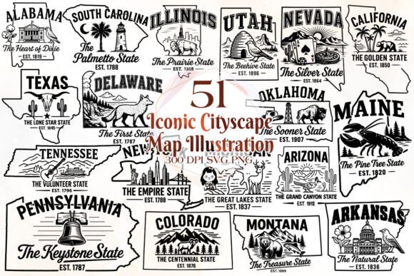 Download Iconic Cityscape Map of US.States SVG - States Collection
